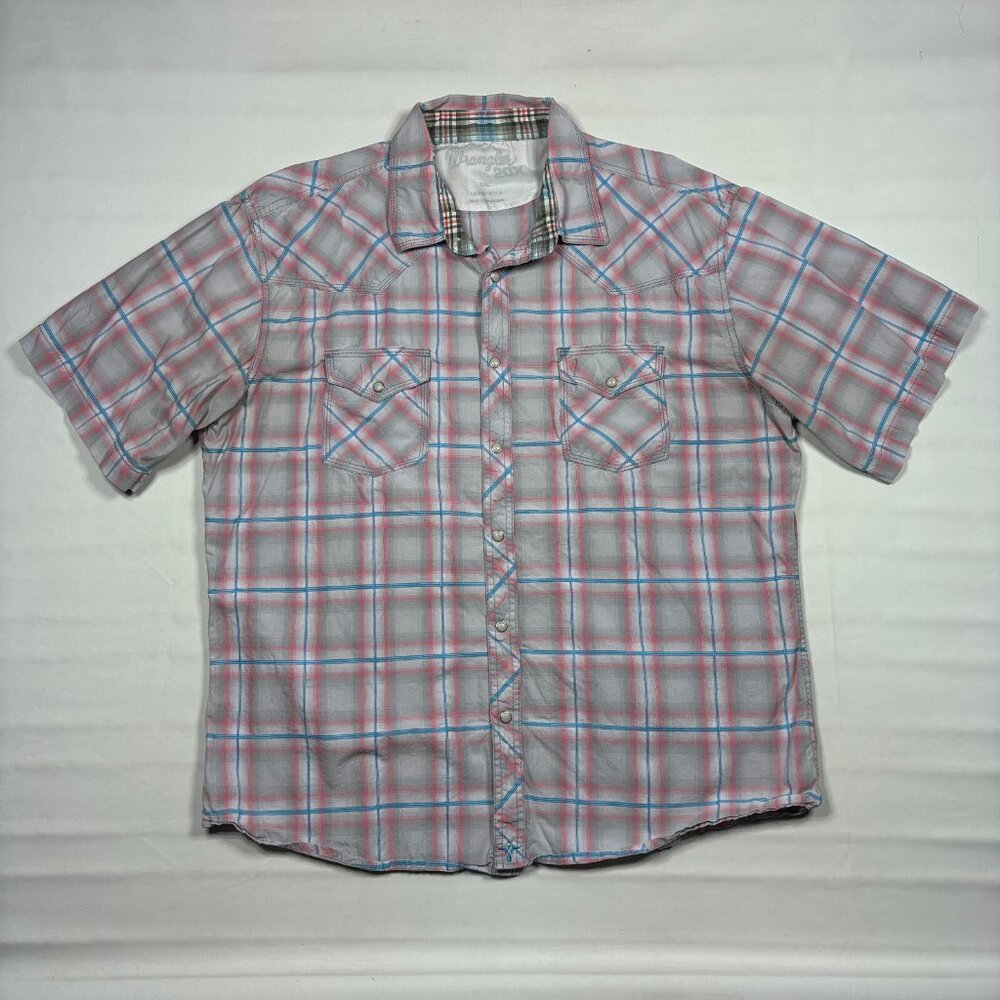 Wrangler 20X Mens XXL Pink Blue Plaid Pearl Snap Short Sleeve Western Shirt